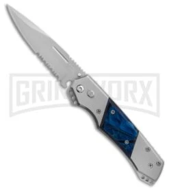 Grindworx Shop 38 Super Knife Croc Automatic Knife Stainless W/ Blue Inlay - Satin Serr