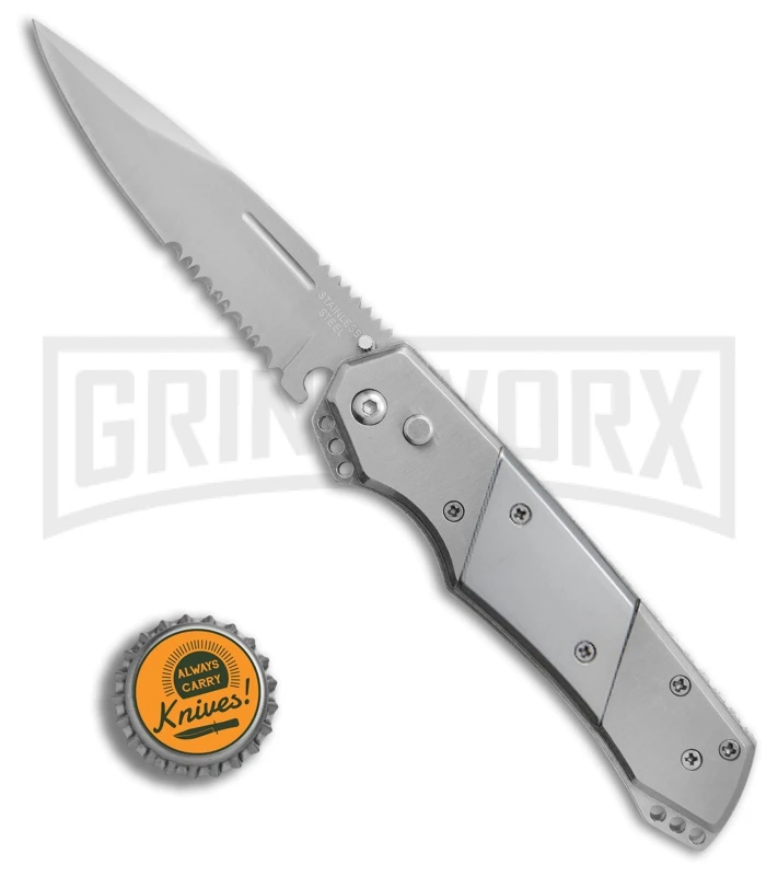 Super Knife Croc Automatic Knife Stainless W/ Polished Inlay - Satin Serr 4 Super Knife Croc Automatic Knife Stainless W/ Polished Inlay - Satin Serr - Image 4