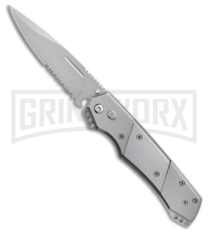 Super Knife Croc Automatic Knife Stainless W/ Polished Inlay - Satin Serr 1 Super Knife Croc Automatic Knife Stainless W/ Polished Inlay - Satin Serr