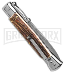 Automatic Italian Style Swinguard 9" Stag W/Clip - Damascus Bayonet Blade -Grindworx Shop Italian Style Stiletto Swinguard Automatic Knife Stag Horn w clip 4in Damascus BHQ 188209 td side large