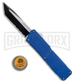 Lightning Blue D/A OTF Automatic Knife - Tanto Two Tone Serr -Grindworx Shop Lightning Blue DA OTF Auto TT Dagger Serr GX 39047 jr bottlecap large