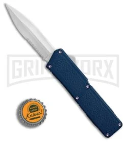 Lightning Blue D/A OTF Automatic Knife - Satin Dagger Serr 4TH18 -Grindworx Shop Lightning Blue DA Satin Dagger Serr BP 27475 er bottlecap large