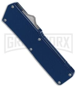 Lightning Blue D/A OTF Automatic Knife - Satin Dagger Serr 4TH18 -Grindworx Shop Lightning Blue DA Satin Dagger Serr BP 27475 er spine large