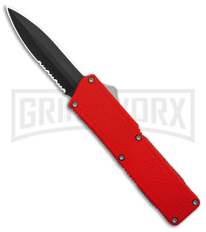 Lightning D/A Red Aluminum OTF Automatic Knife - Dagger Black Serrated 1 Lightning D/A Red Aluminum OTF Automatic Knife - Dagger Black Serrated