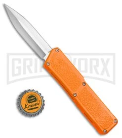 Lightning Orange D/A OTF Automatic Knife - Dagger Satin Plain -Grindworx Shop Lightning Orange DA OTF Dagger Satin Plain BP 22815 bottlecap large