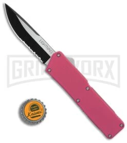 Lightning Pink D/A OTF Automatic Knife - Two-Tone Serr -Grindworx Shop Lightning Pink DA OTF Auto TT Serr GX 31868 bottlecap large