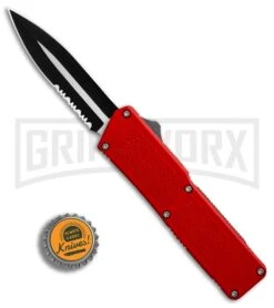 Lightning Red D/A OTF Automatic Knife - Dagger Two-Tone Serr 4TH18 -Grindworx Shop Lightning Red DA Dagger Two Tone Serr BP 30349 er bottlecap large