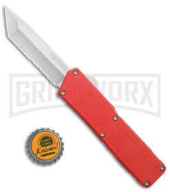 Lightning Red D/A OTF Automatic Knife - Tanto Satin Serr -Grindworx Shop Lightning Red DA OTF Auto Serr Tanto Satin GX 39004 jr bottlecap large