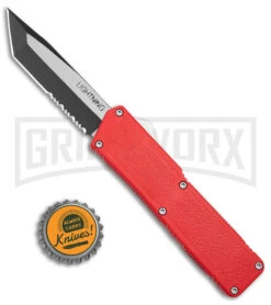 Lightning Red D/A OTF Automatic Knife - Tanto Two Tone Serr 7 Lightning Red D/A OTF Automatic Knife - Tanto Two Tone Serr -Grindworx Shop Lightning Red DA OTF Auto Tanto TT Serr GX 39135 jr bottlecap large