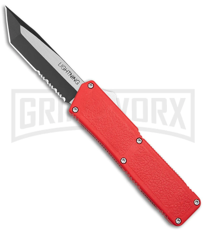 Lightning Red D/A OTF Automatic Knife - Tanto Two Tone Serr 1 Lightning Red D/A OTF Automatic Knife - Tanto Two Tone Serr