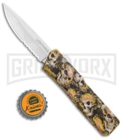 Lightning Skull Camo D/A OTF Automatic Knife - Satin Serr -Grindworx Shop Lightning Skull DA DP OTF Auto Satin Serr GX 33339 jr bottlecap large