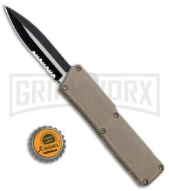 Lightning Tan D/A OTF Automatic Knife - Two-Tone Dagger Serr -Grindworx Shop Lightning Tan DA OTF Auto TT Serr Dagger GX 30811 jr bottlecap large