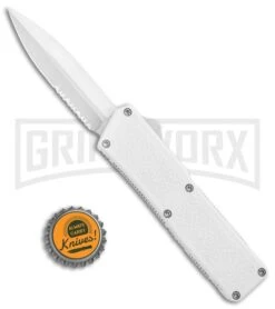 Lightning White D/A OTF Automatic Knife - Satin Dagger Serrated -Grindworx Shop Lightning White DA OTF Auto Satin Dagger Serrated GX 34382 jr bottlecap large