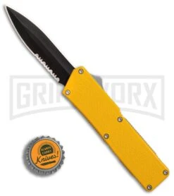 Lightning Yellow D/A OTF Automatic Knife - Black Dagger Serr -Grindworx Shop Lightning Yellow DA Black Dagger serr BP 27474 er bottlecap large