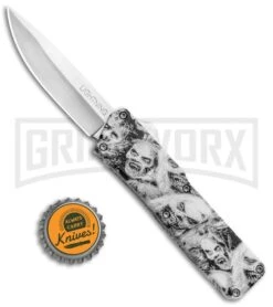 Lightning White Zombie D/A OTF Automatic Knife - Satin Plain -Grindworx Shop Lightning Zombie DA DP OTF Auto Satin GX 33349 jr bottlecap large