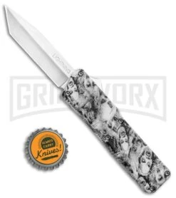 Lightning White Zombie D/A OTF Automatic Knife - Tanto Satin Plain -Grindworx Shop Lightning Zombie DA OTF Auto Tanto Satin GX 33350 jr bottlecap large