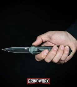 Smith & Wesson Spring Assisted Finger Actuator Tanto OTF Knife - Black Plain -Grindworx Shop MP OTF Spring Assisted Spear Point Knife Gray Black BHQ 80731 kp in hand web large