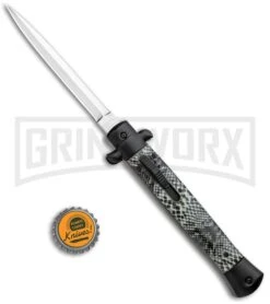 Mago 11" Cottonmouth/Black Italian Stiletto OTF Automatic Knife - Satin Dagger -Grindworx Shop Mago 11in Cottonmouth Black Italian Stiletto OTF Auto Satin Dagger GX 35188 jr bottlecap large