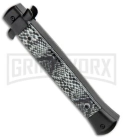 Mago 11" Cottonmouth/Black Italian Stiletto OTF Automatic Knife - Satin Dagger -Grindworx Shop Mago 11in Cottonmouth Black Italian Stiletto OTF Auto Satin Dagger GX 35188 jr side large