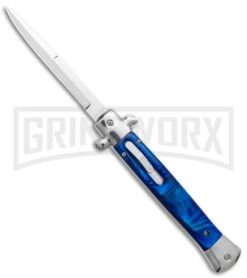 11" Mago Blue Acrylic Italian Stiletto OTF Automatic Knife - Satin Bayonet