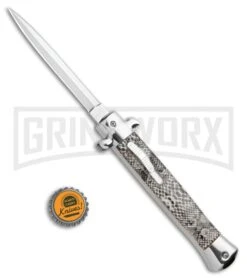 Mago 11" Sidewinder Italian Stiletto OTF Automatic Knife - Satin Dagger AUS 8 -Grindworx Shop Mago 11in Sidewinder Italian Stiletto OTF Auto Satin Dagger GX 35130 jr bottlecap large