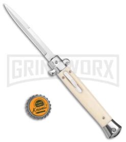 Mago 11" Sim Ivory Italian Stiletto OTF Automatic Knife W/O Clip- Bayo Satin -Grindworx Shop Mago 11in Sim Ivory Italian Stiletto Auto no Clip Bayo Satin GX 39553 jr bottlecap large
