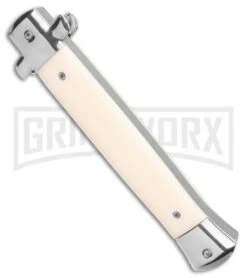 Mago 11" Sim Ivory Italian Stiletto OTF Automatic Knife W/O Clip- Bayo Satin -Grindworx Shop Mago 11in Sim Ivory Italian Stiletto Auto no Clip Bayo Satin GX 39553 jr side large