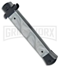 Mago 11" White Marble Italian Stiletto OTF Auto Knife Black Bolsters Dagger -Grindworx Shop Mago 11in White Marble Italian Stiletto OTF Black Bolsters Dagger GX 33946 jr side large 1