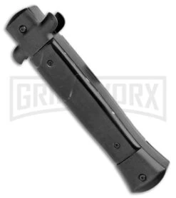 Mago 9" Black Marble Italian Stiletto OTF Automatic Knife - Satin Plain -Grindworx Shop Mago 9in Black Marble Italian Stiletto OTF Black Bolsters Bayo Satin GX 33929 jr side large