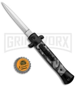 Mago 9" Italian Stiletto Black OTF Automatic Knife Black Acrylic (3.8" Satin) -Grindworx Shop Mago 9in Black Smoke Abyss Italian Dagger OTF Auto Black Satin GX 37083 jr bottlecap large