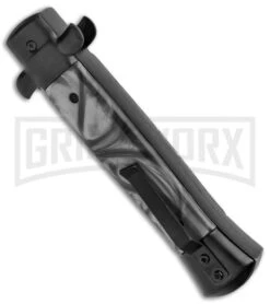 Mago 9" Italian Stiletto Black OTF Automatic Knife Black Acrylic (3.8" Satin) -Grindworx Shop Mago 9in Black Smoke Abyss Italian Dagger OTF Auto Black Satin GX 37083 jr side large