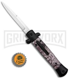 Mago 9" Sidewinder Italian Stiletto OTF Auto Knife Black - Bayonet Satin Plain -Grindworx Shop Mago 9in Sidewinder Italian Stiletto OTF Auto Black Bayo Satin GX 37208 jr bottlecap large