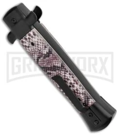 Mago 9" Sidewinder Italian Stiletto OTF Auto Knife Black - Bayonet Satin Plain -Grindworx Shop Mago 9in Sidewinder Italian Stiletto OTF Auto Black Bayo Satin GX 37208 jr side large