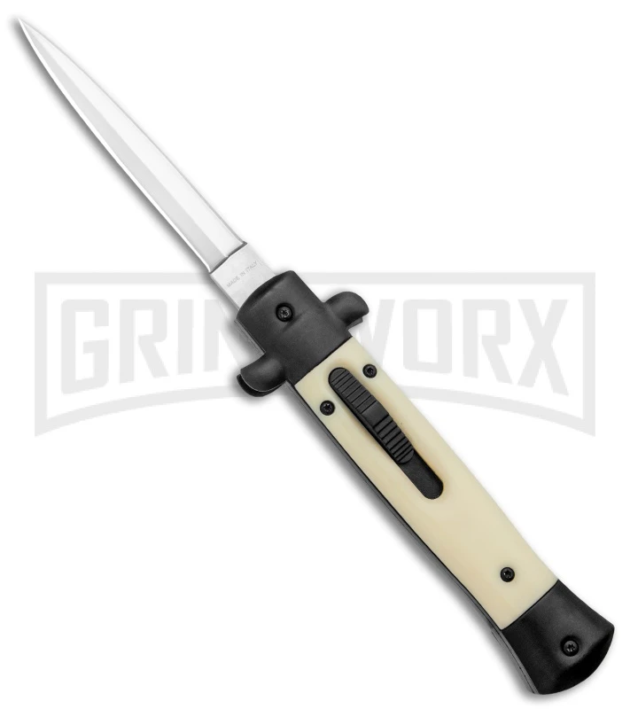 Mago 9" Sim Ivory Italian Stiletto OTF Auto Knife - Dagger Satin Plain 1 Mago 9" Sim Ivory Italian Stiletto OTF Auto Knife - Dagger Satin Plain