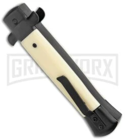 Mago 9" Sim Ivory Italian Stiletto OTF Auto Knife - Dagger Satin Plain 7 Mago 9" Sim Ivory Italian Stiletto OTF Auto Knife - Dagger Satin Plain -Grindworx Shop Mago 9in Sim Ivory Italian Stiletto OTF Auto Black Bolsters Satin Dagger GX 37615 jr side large