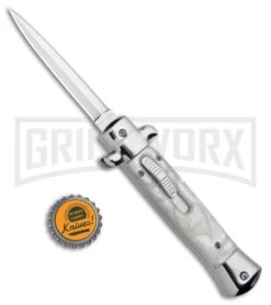 Mago 9" White Marble Italian Stiletto OTF Automatic Knife Dagger - Satin Plain 9 Mago 9" White Marble Italian Stiletto OTF Automatic Knife Dagger - Satin Plain -Grindworx Shop Mago 9in White Marble Italian Stiletto OTF Satin Bolsters Dagger Satin GX 33909 jr bottlecap large