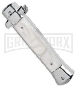 Mago 9" White Marble Italian Stiletto OTF Automatic Knife Dagger - Satin Plain 7 Mago 9" White Marble Italian Stiletto OTF Automatic Knife Dagger - Satin Plain -Grindworx Shop Mago 9in White Marble Italian Stiletto OTF Satin Bolsters Dagger Satin GX 33909 jr side large