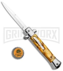 Mago 9" Yellow Marble Italian Stiletto OTF Automatic Knife - Satin Plain -Grindworx Shop Mago 9in Yellow Marble Italian Stiletto OTF Auto Satin GX 33804 jr bottlecap large