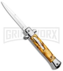 Mago 9" Yellow Marble Italian Stiletto OTF Automatic Knife - Satin Plain