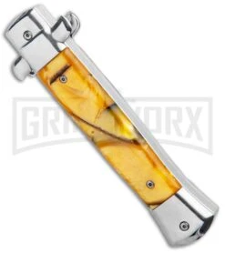 Mago 9" Yellow Marble Italian Stiletto OTF Automatic Knife - Satin Plain -Grindworx Shop Mago 9in Yellow Marble Italian Stiletto OTF Auto Satin GX 33804 jr side large