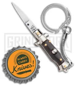 SKM 2.75" Italian Stilletto Keychain Brown Automatic Knife -Grindworx Shop SKM 2.75in Keychain Stiletto Auto Brown Satin Flat BHQ 51053 jr bottlecap large