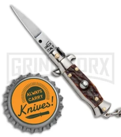 SKM 4" Italian Stiletto Keychain Stag Automatic Knife - Satin Plain -Grindworx Shop SKM 4in Italian Stiletto Keychain Stag Auto Satin Plain GX 36961 jr bottlecap large