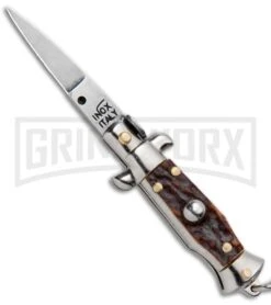 SKM 4" Italian Stiletto Keychain Stag Automatic Knife - Satin Plain