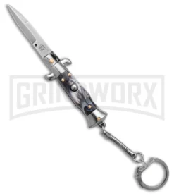 SKM 4" Italian Stiletto Gray Acrylic Automatic Knife Keychain - Bayo