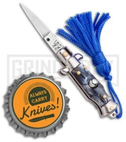 Italian Stiletto Gray Marble Automatic Knife Blue Keychain - Flat Grind -Grindworx Shop SKM Italian Stiletto Keychain Auto Marble Blue Satin BHQ 102947 jr bottlecap large