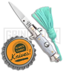 Italian Stiletto Gray Automatic Knife Teal Keychain - Flat Grind -Grindworx Shop SKM Italian Stiletto Keychain Auto Silver Teal Satin BHQ 102942 jr bottlecap large