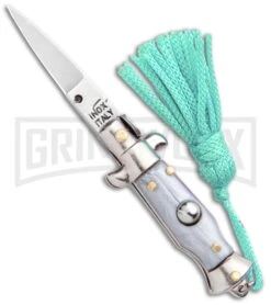 Italian Stiletto Gray Automatic Knife Teal Keychain - Flat Grind