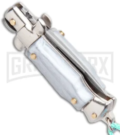 Italian Stiletto Gray Automatic Knife Teal Keychain - Flat Grind -Grindworx Shop SKM Italian Stiletto Keychain Auto Silver Teal Satin BHQ 102942 jr side large