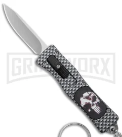 Skull Mini Dog Tag Gray Black Carbon Fiber D/A OTF Automatic Knife - Satin Plain