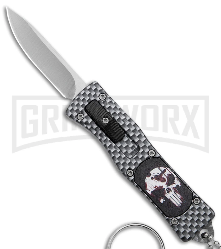 Skull Mini Dog Tag Gray Black Carbon Fiber D/A OTF Automatic Knife - Satin Plain 1 Skull Mini Dog Tag Gray Black Carbon Fiber D/A OTF Automatic Knife - Satin Plain